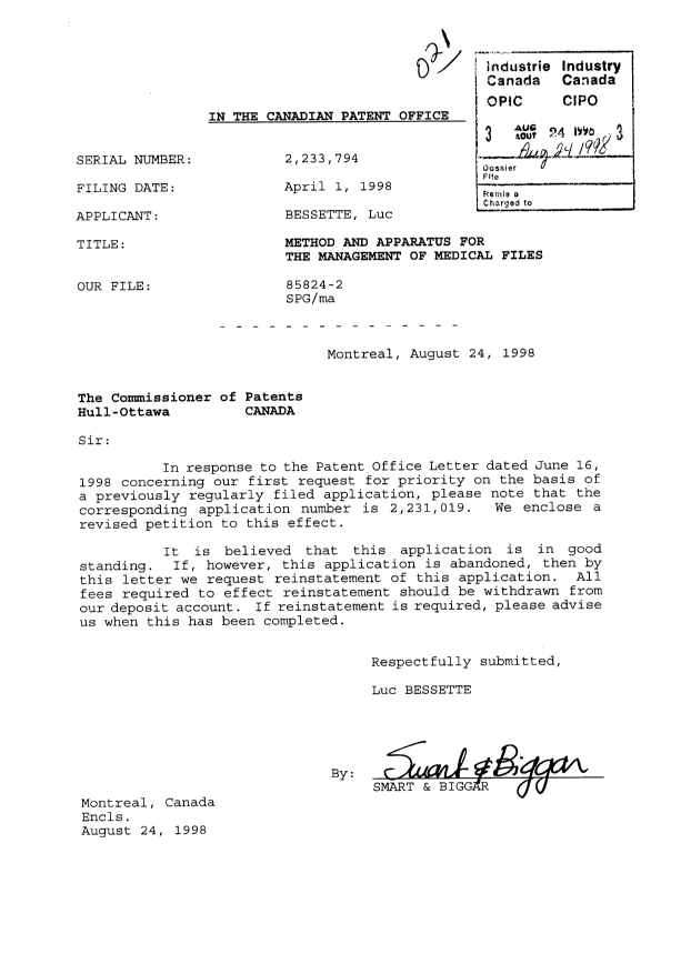 Document de brevet canadien 2233794. Correspondance 19980824. Image 1 de 2