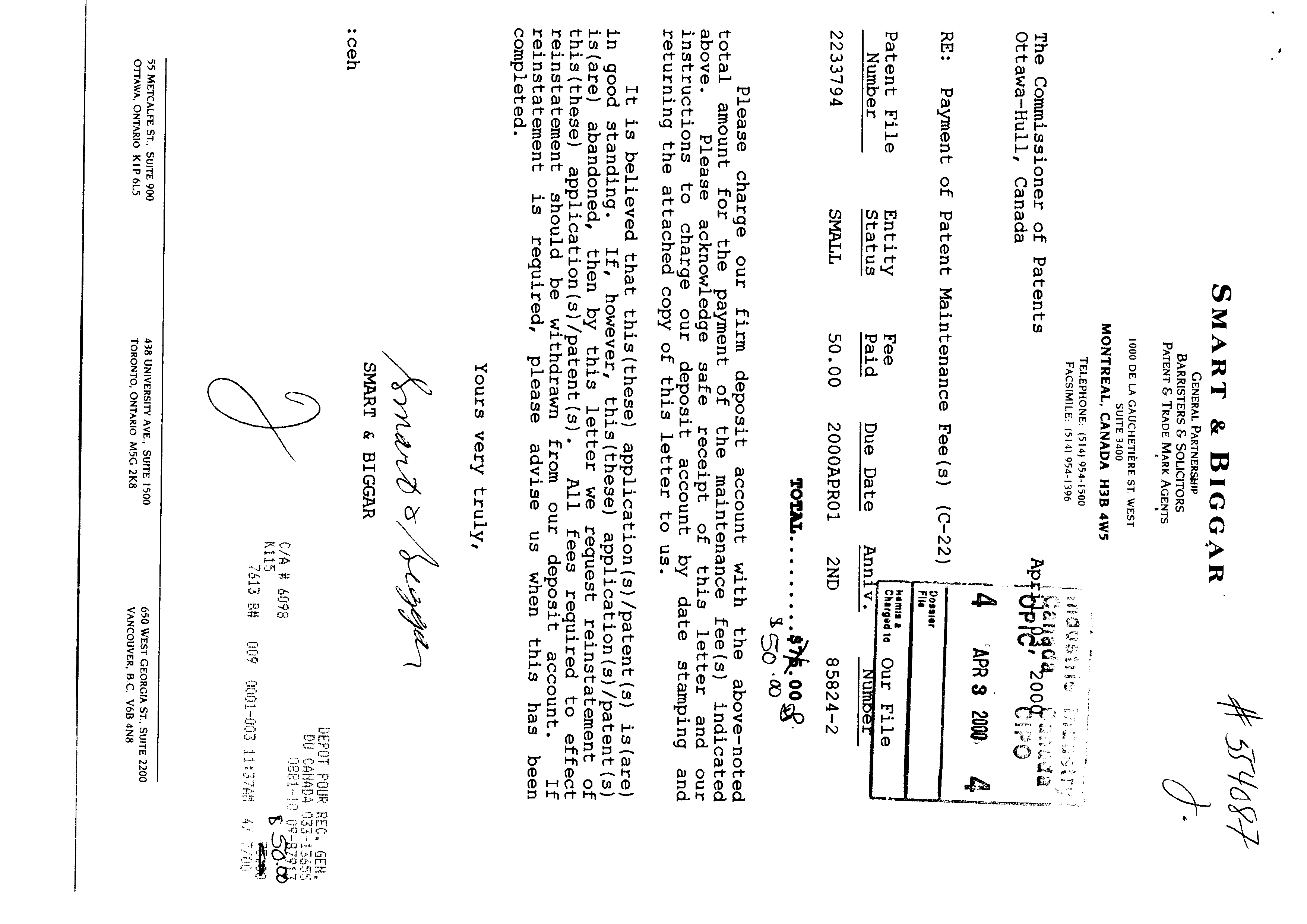 Document de brevet canadien 2233794. Taxes 19991203. Image 1 de 1