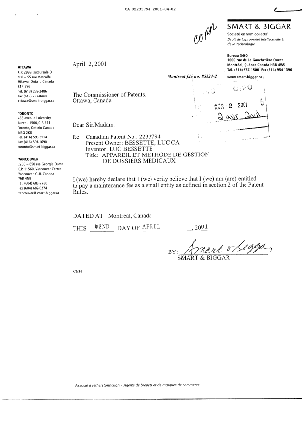 Document de brevet canadien 2233794. Correspondance 20010402. Image 1 de 1