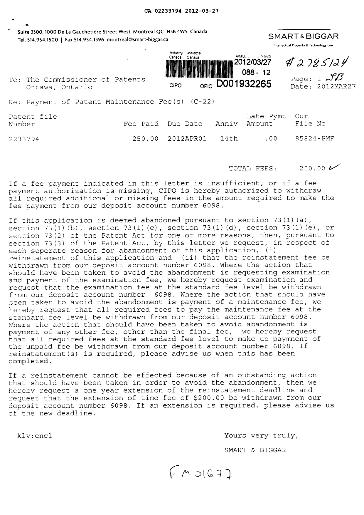 Document de brevet canadien 2233794. Taxes 20111227. Image 1 de 1