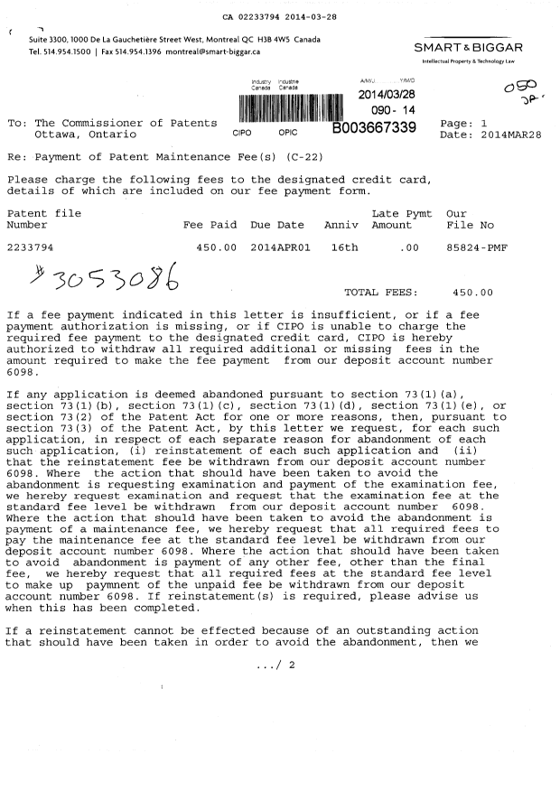 Document de brevet canadien 2233794. Taxes 20140328. Image 1 de 2