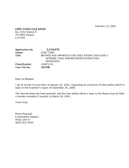 Document de brevet canadien 2234076. Correspondance 20010212. Image 1 de 1