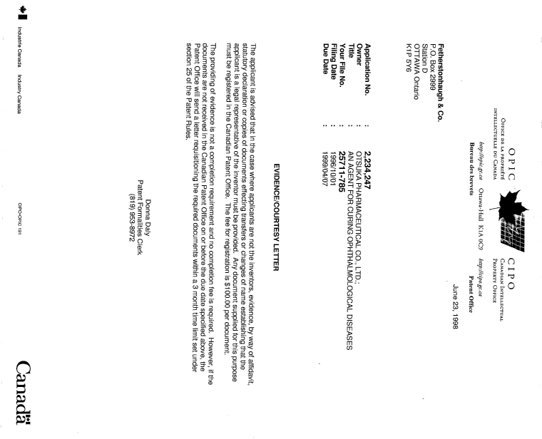 Document de brevet canadien 2234247. Correspondance 19980623. Image 1 de 1