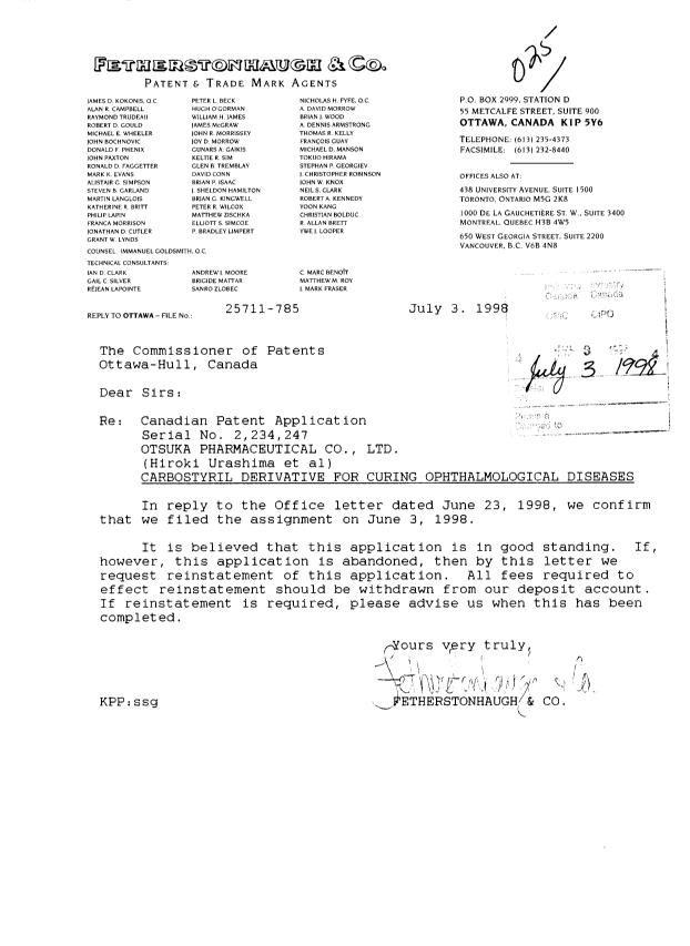 Document de brevet canadien 2234247. Cession 19980703. Image 1 de 1