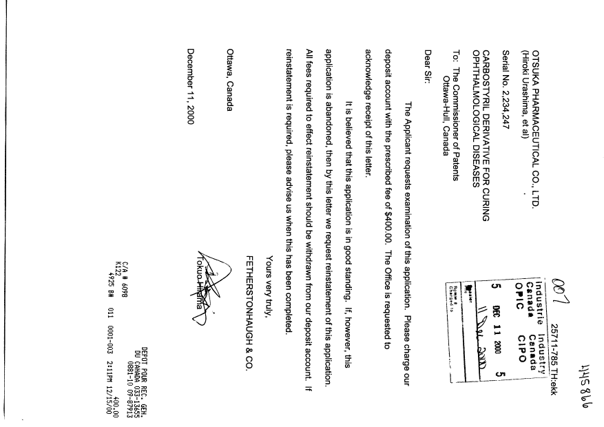Document de brevet canadien 2234247. Poursuite-Amendment 20001211. Image 1 de 1