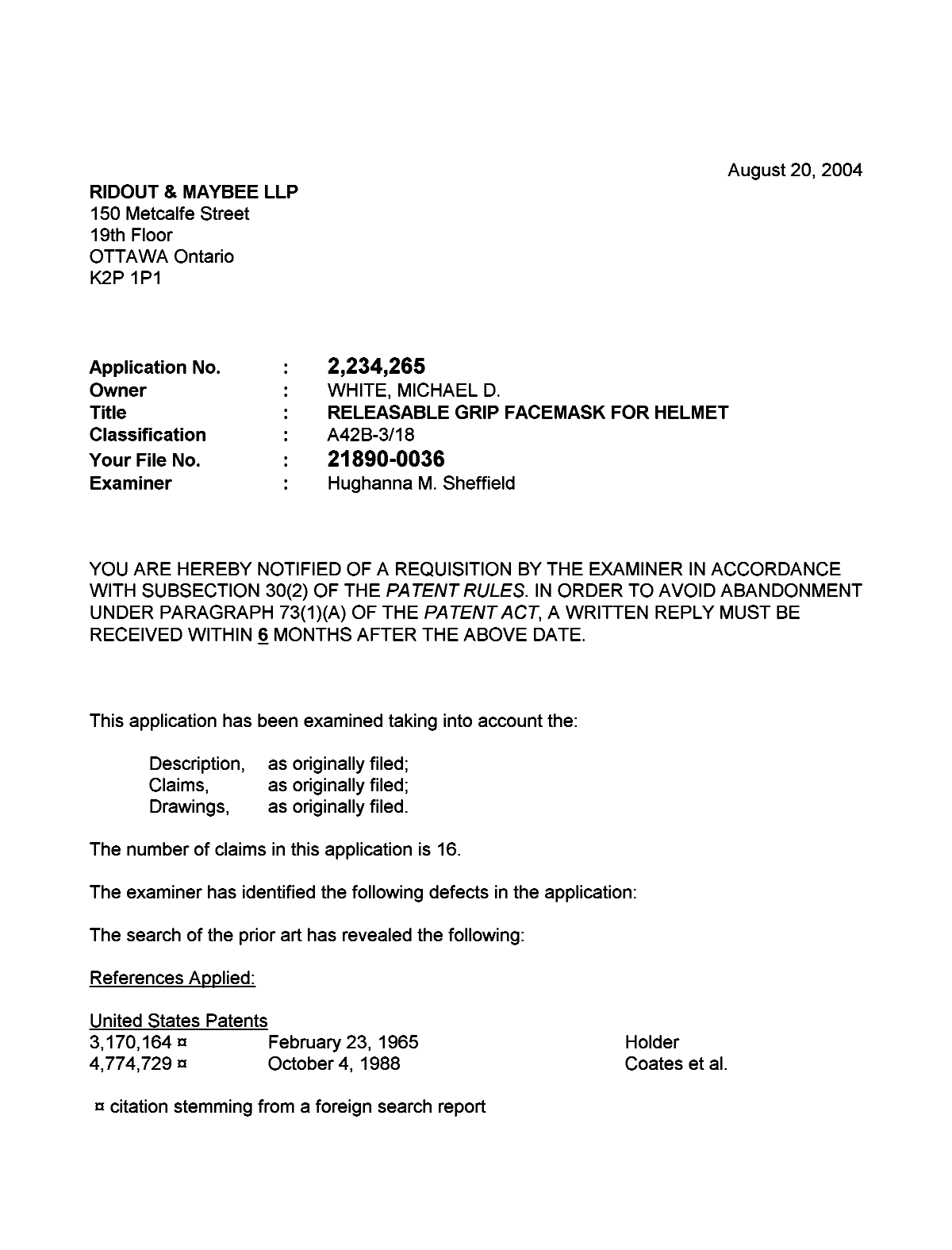 Canadian Patent Document 2234265. Prosecution-Amendment 20040820. Image 1 of 3