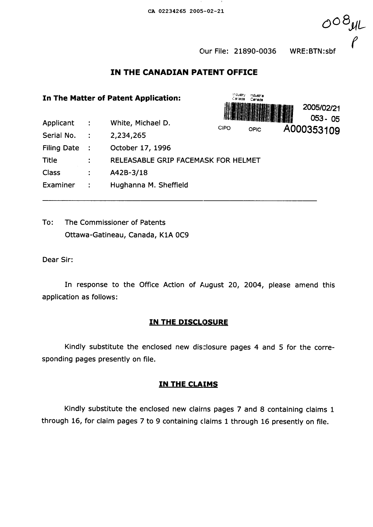Document de brevet canadien 2234265. Poursuite-Amendment 20050221. Image 1 de 8