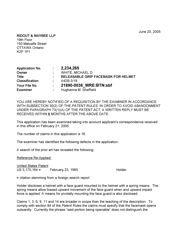 Document de brevet canadien 2234265. Poursuite-Amendment 20050620. Image 1 de 2