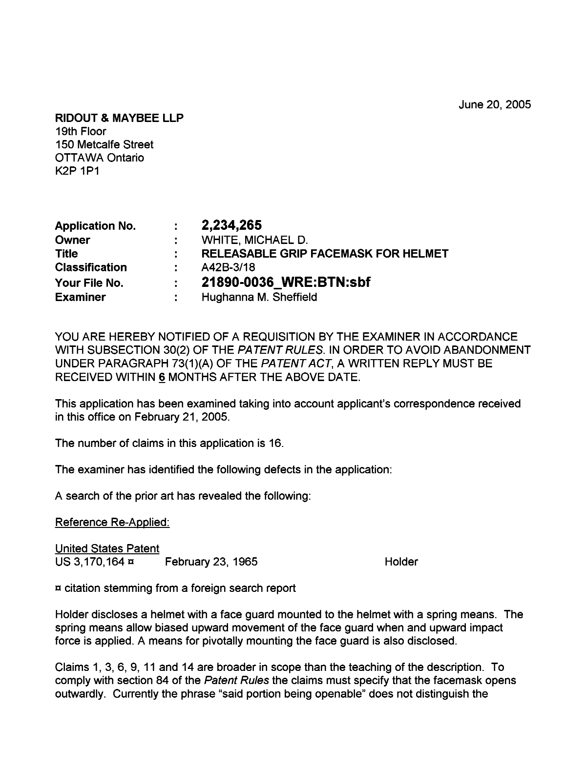 Canadian Patent Document 2234265. Prosecution-Amendment 20050620. Image 1 of 2