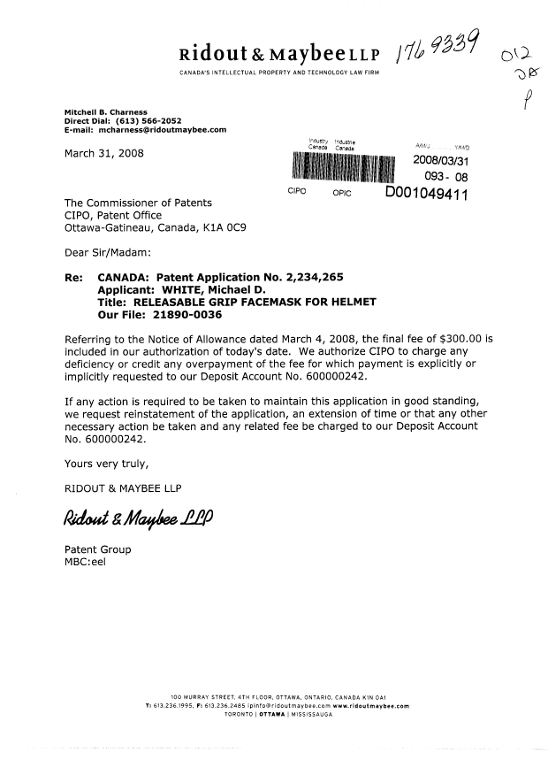 Document de brevet canadien 2234265. Correspondance 20080331. Image 1 de 1