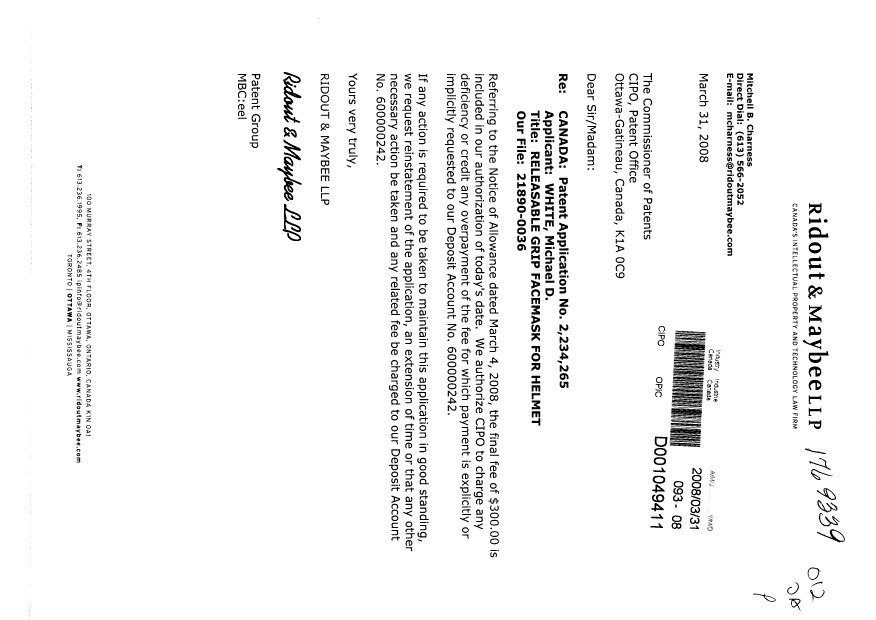 Document de brevet canadien 2234265. Correspondance 20080331. Image 1 de 1