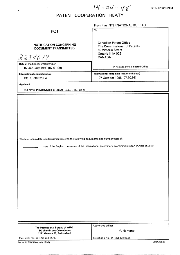 Document de brevet canadien 2234619. PCT 19990107. Image 1 de 5