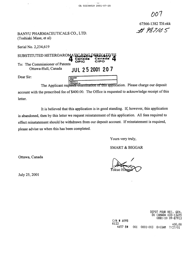 Document de brevet canadien 2234619. Poursuite-Amendment 20010725. Image 1 de 1
