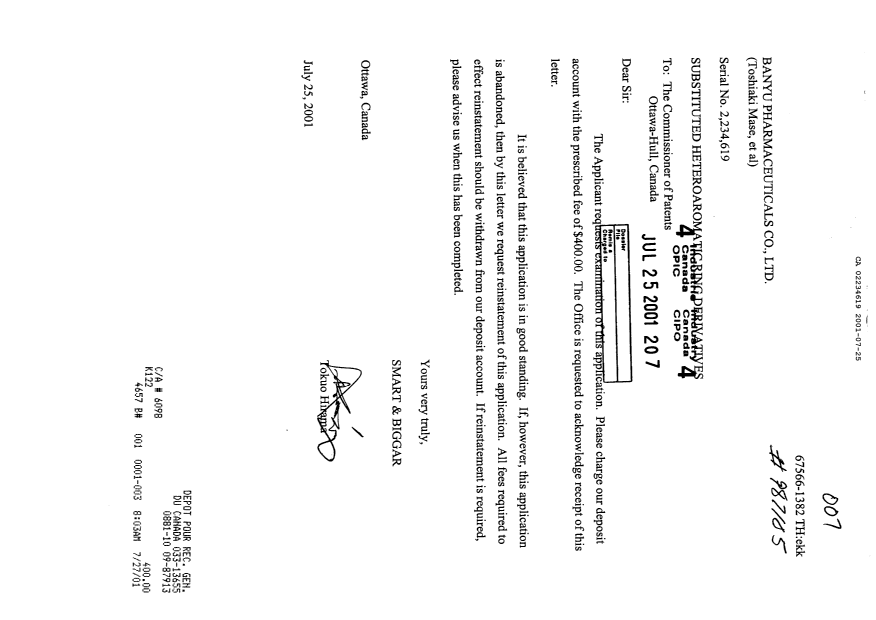 Canadian Patent Document 2234619. Prosecution-Amendment 20010725. Image 1 of 1