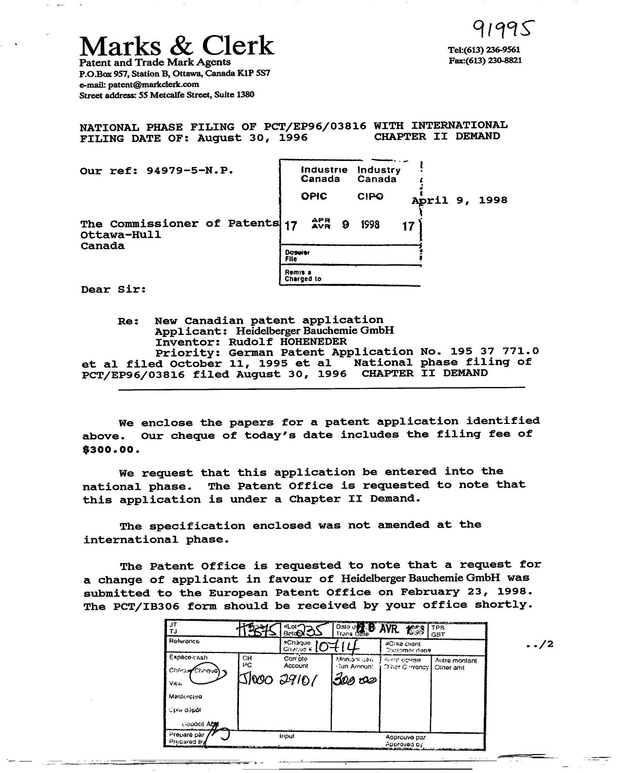 Document de brevet canadien 2234698. Cession 19980409. Image 1 de 3