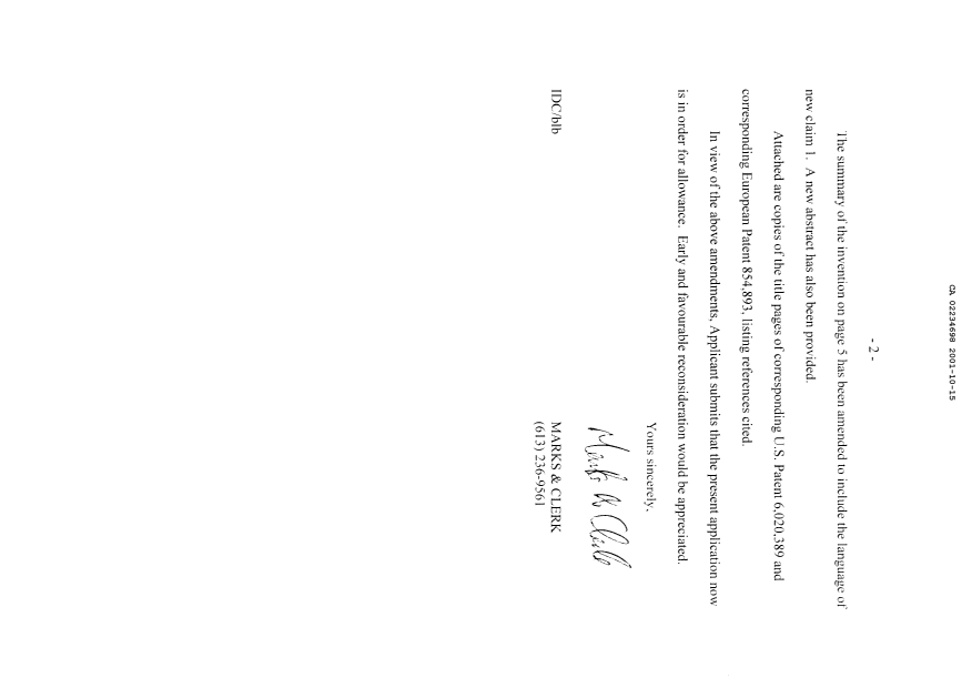Canadian Patent Document 2234698. Prosecution-Amendment 20011015. Image 2 of 9