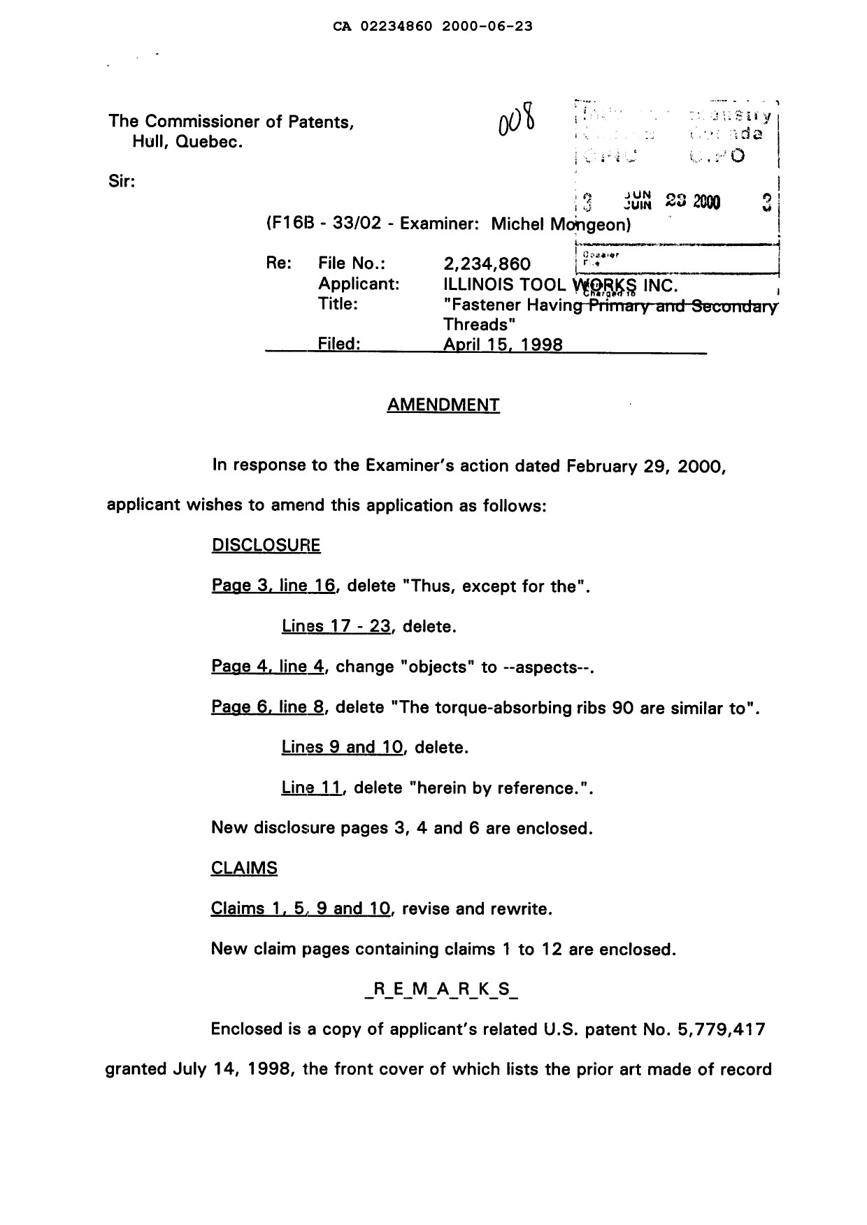 Document de brevet canadien 2234860. Poursuite-Amendment 20000623. Image 1 de 9