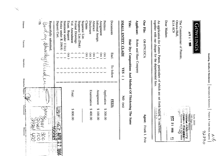 Document de brevet canadien 2235477. Cession 19980421. Image 1 de 4