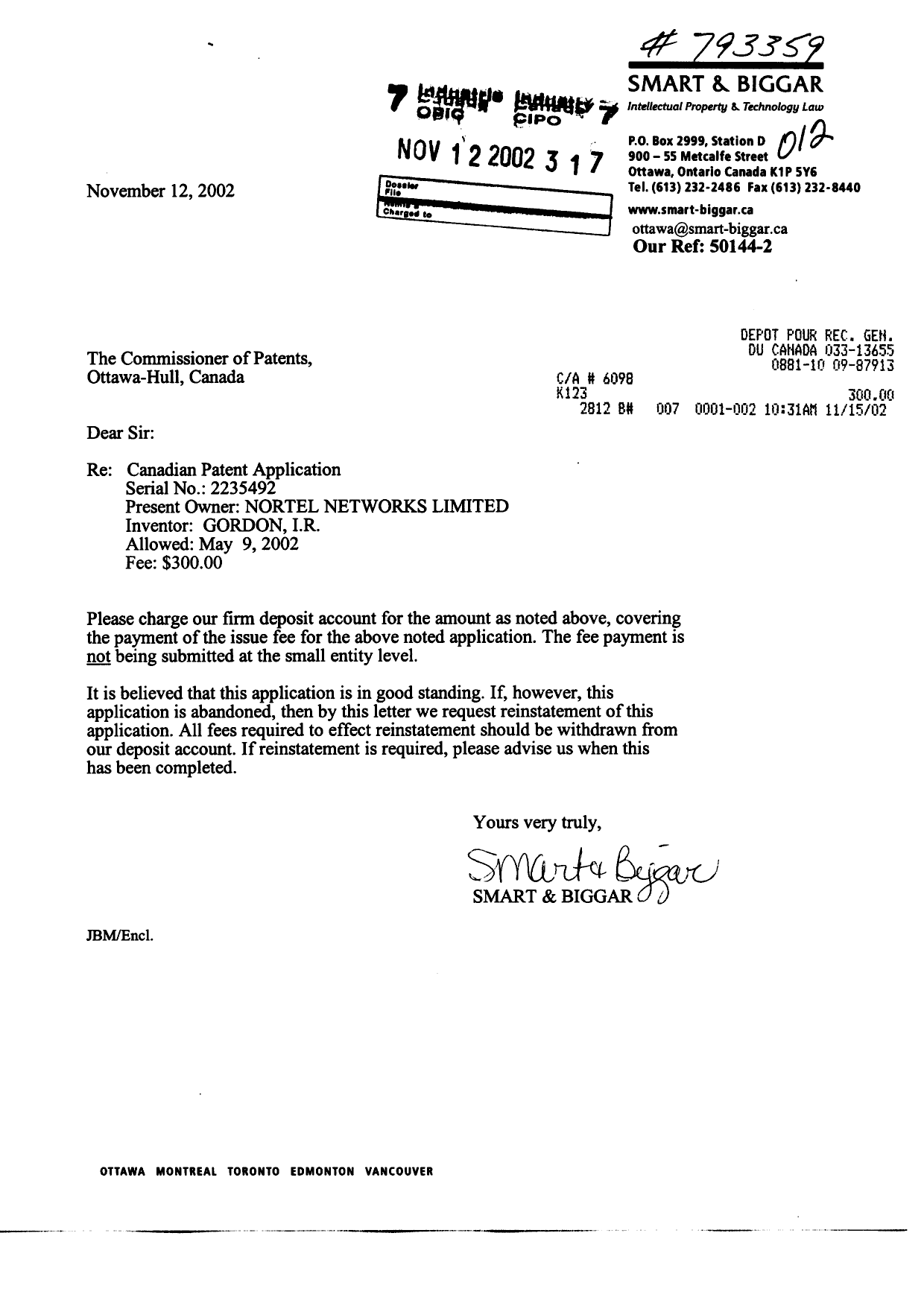 Canadian Patent Document 2235492. Correspondence 20021112. Image 1 of 1