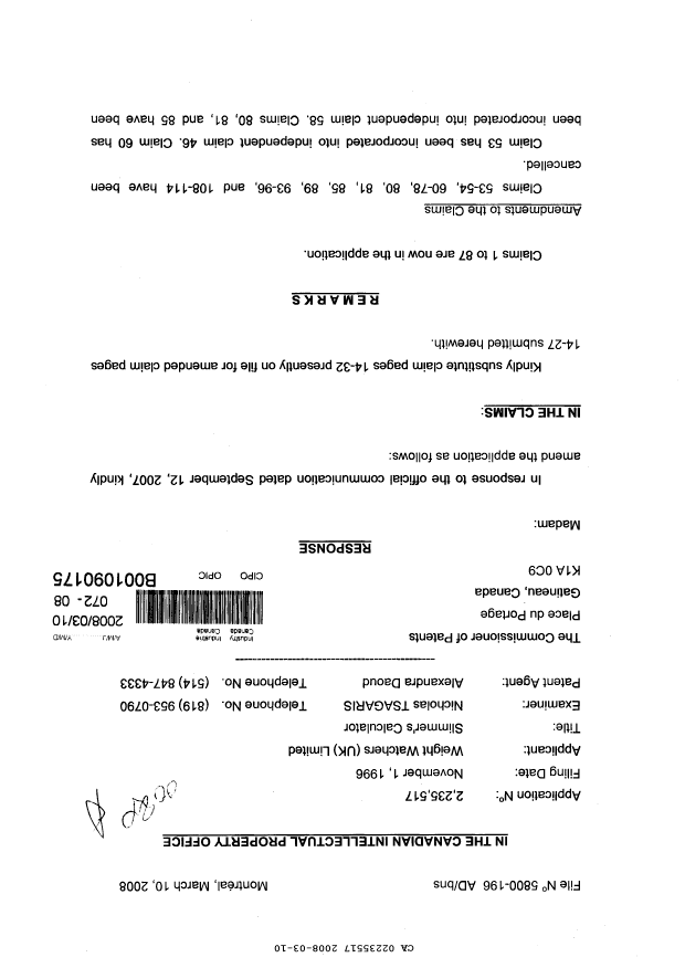 Canadian Patent Document 2235517. Prosecution-Amendment 20080310. Image 1 of 16