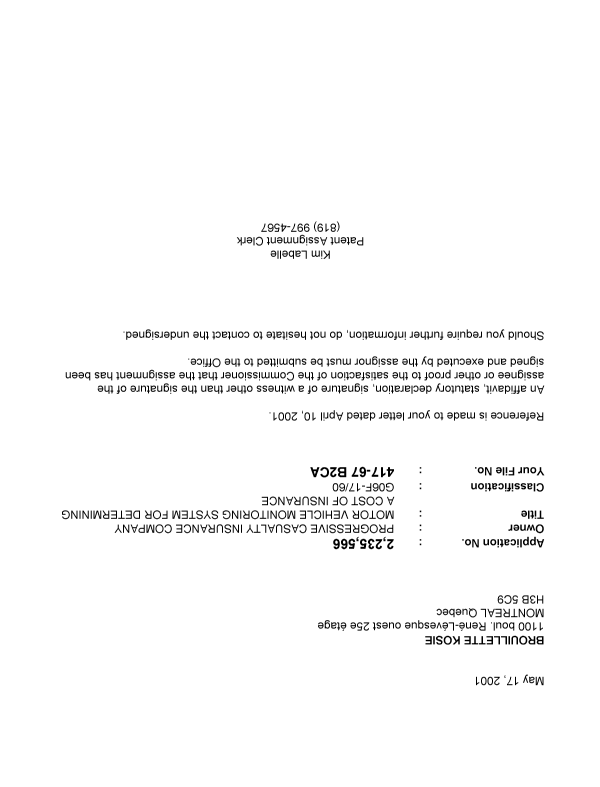 Canadian Patent Document 2235566. Correspondence 20010517. Image 1 of 1