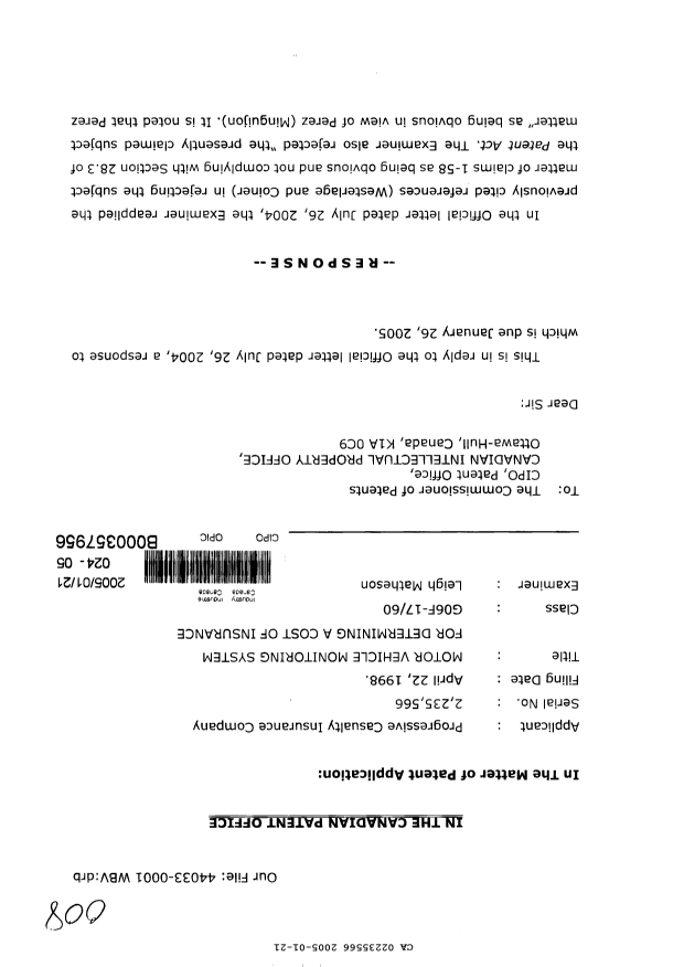 Canadian Patent Document 2235566. Prosecution-Amendment 20050121. Image 1 of 75