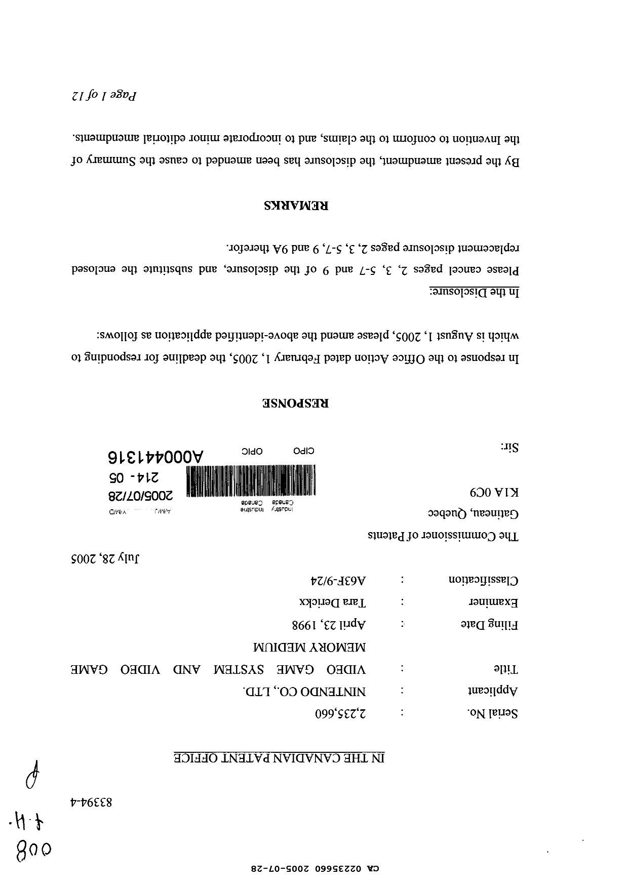 Canadian Patent Document 2235660. Prosecution-Amendment 20041228. Image 1 of 19