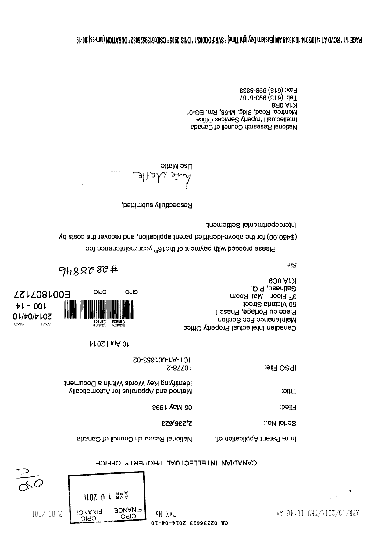 Canadian Patent Document 2236623. Fees 20131210. Image 1 of 2