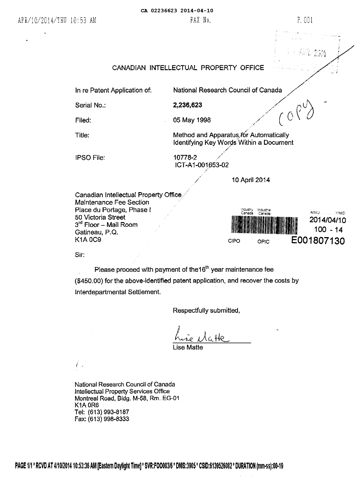 Document de brevet canadien 2236623. Taxes 20131210. Image 2 de 2