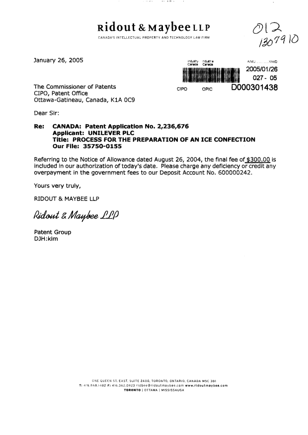 Document de brevet canadien 2236676. Correspondance 20050126. Image 1 de 1