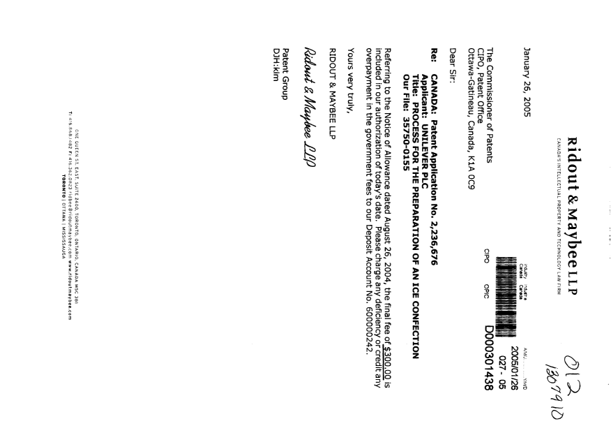 Canadian Patent Document 2236676. Correspondence 20050126. Image 1 of 1