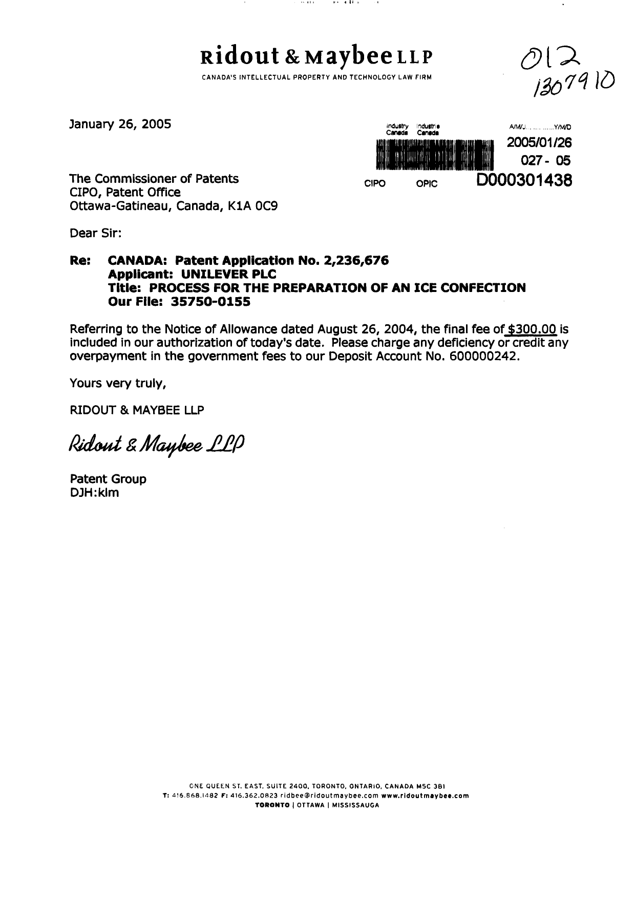 Canadian Patent Document 2236676. Correspondence 20050126. Image 1 of 1