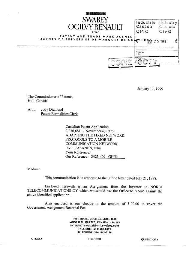 Document de brevet canadien 2236681. Cession 19990520. Image 2 de 4