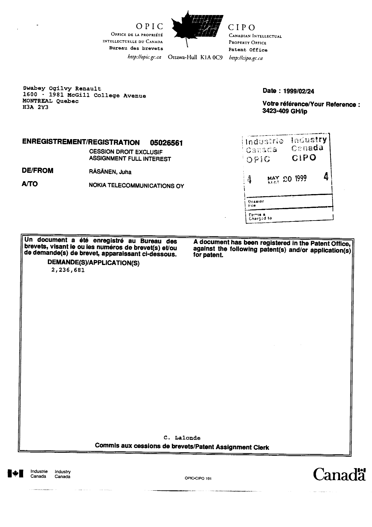 Canadian Patent Document 2236681. Assignment 19990520. Image 4 of 4