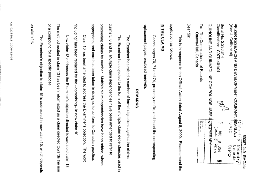 Document de brevet canadien 2236814. Poursuite-Amendment 20001208. Image 1 de 6