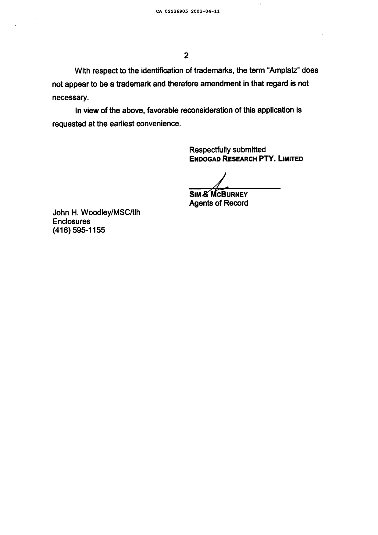 Canadian Patent Document 2236905. Prosecution-Amendment 20030411. Image 2 of 4