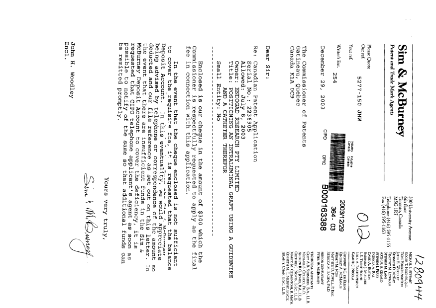 Document de brevet canadien 2236905. Correspondance 20031229. Image 1 de 1