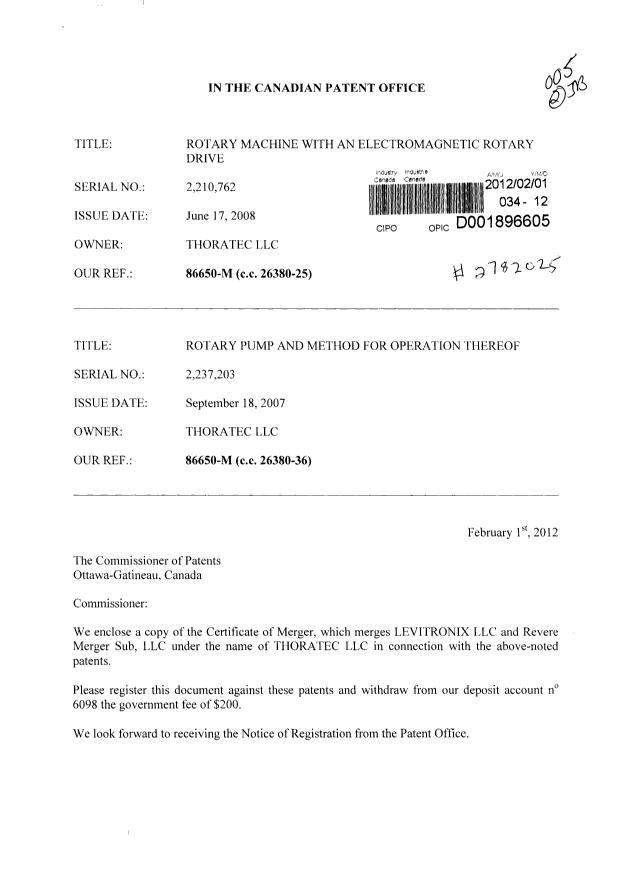 Document de brevet canadien 2237203. Cession 20120201. Image 1 de 6