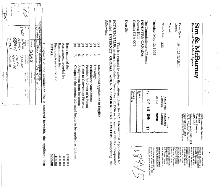 Document de brevet canadien 2237362. Cession 19980512. Image 1 de 4