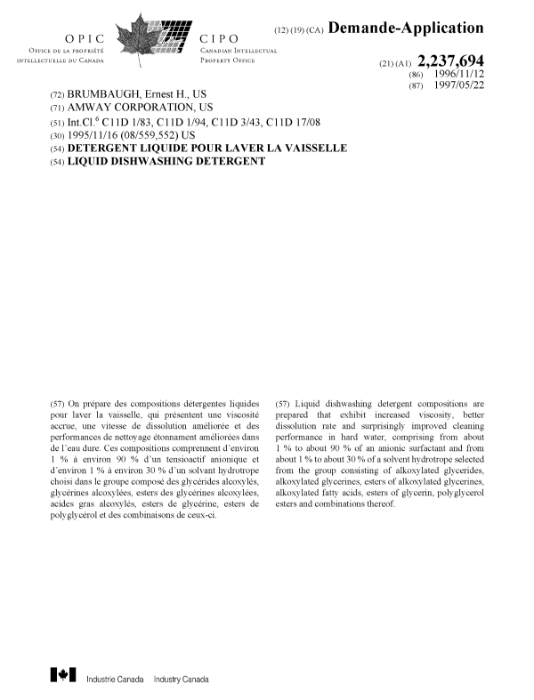 Document de brevet canadien 2237694. Page couverture 19980821. Image 1 de 1
