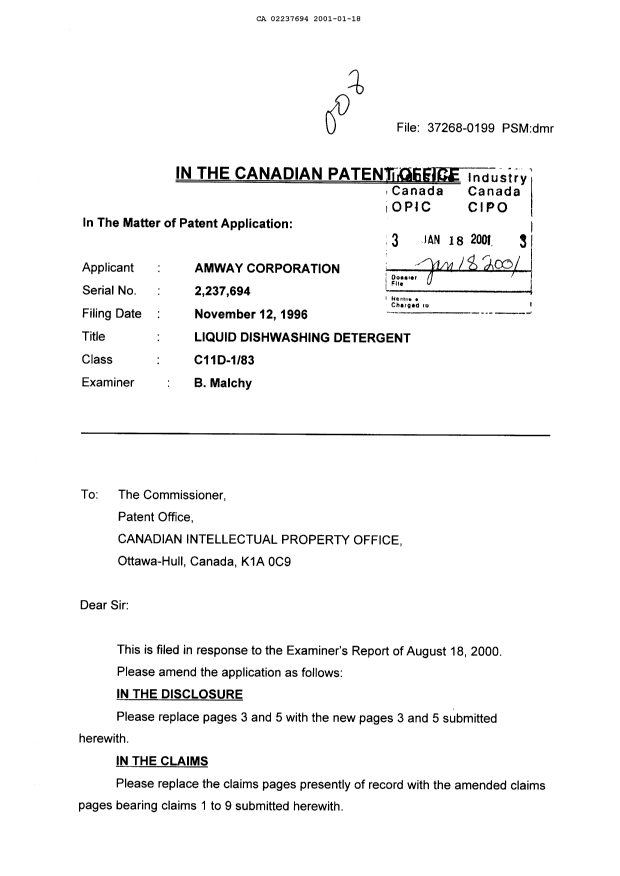 Canadian Patent Document 2237694. Prosecution-Amendment 20010118. Image 1 of 11