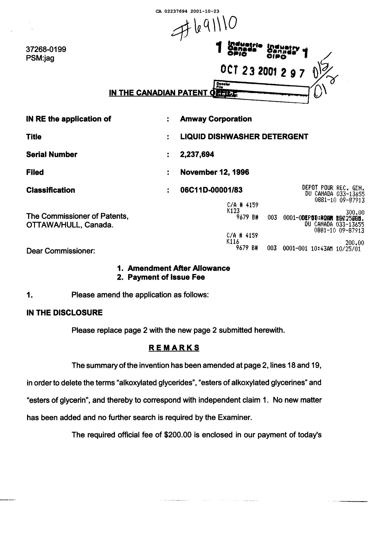 Canadian Patent Document 2237694. Correspondence 20011023. Image 1 of 2