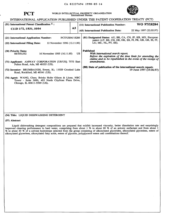 Document de brevet canadien 2237694. Abrégé 20011120. Image 1 de 1