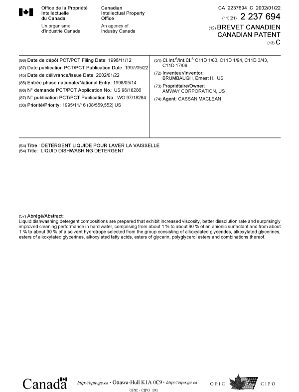 Document de brevet canadien 2237694. Page couverture 20011219. Image 1 de 1
