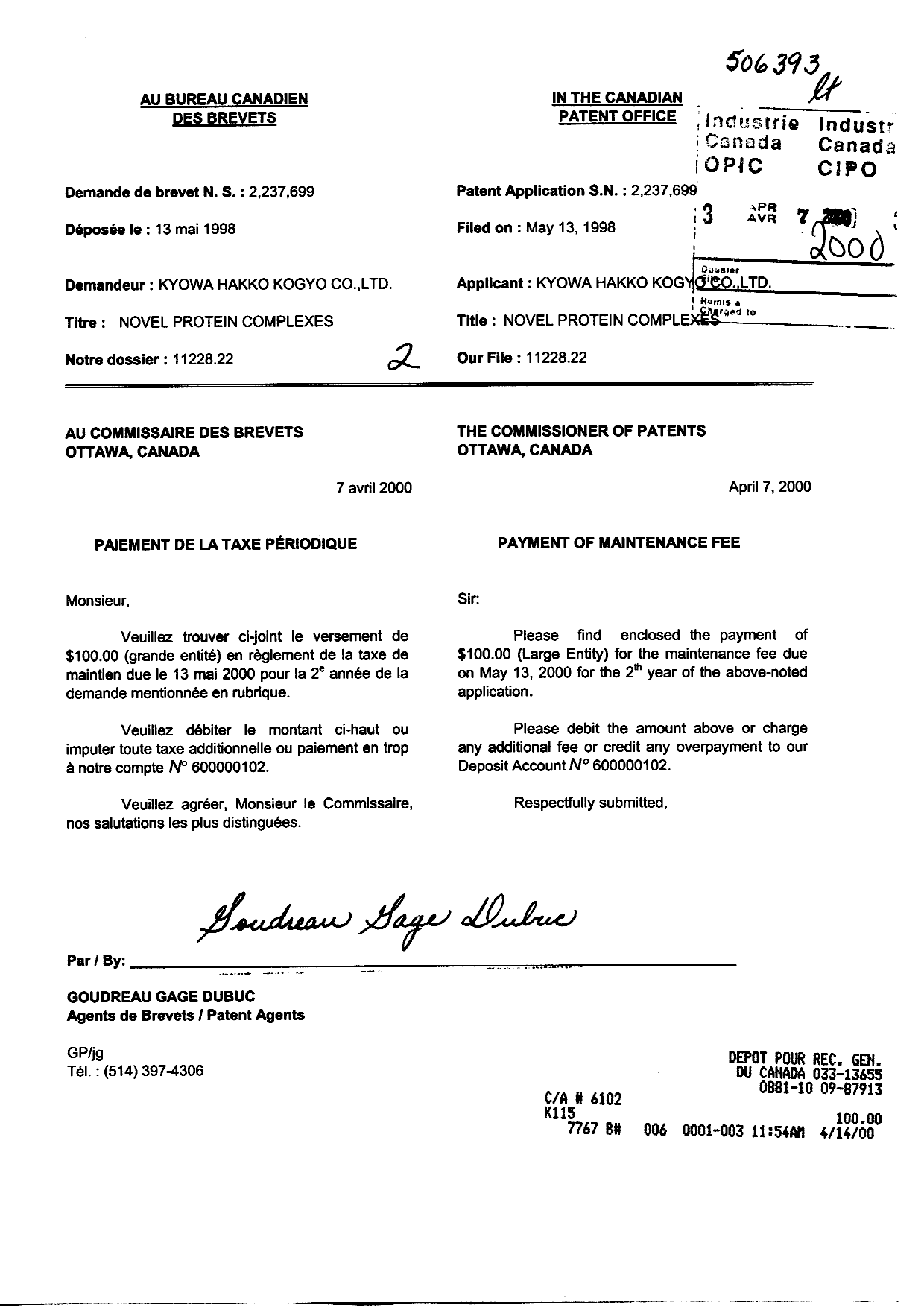 Document de brevet canadien 2237699. Taxes 20000407. Image 1 de 1