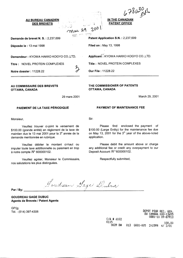 Canadian Patent Document 2237699. Fees 20010329. Image 1 of 1