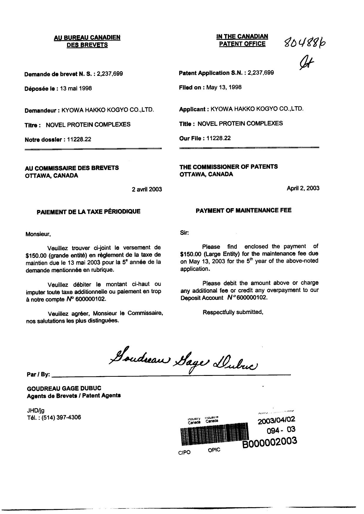 Document de brevet canadien 2237699. Taxes 20030402. Image 1 de 1