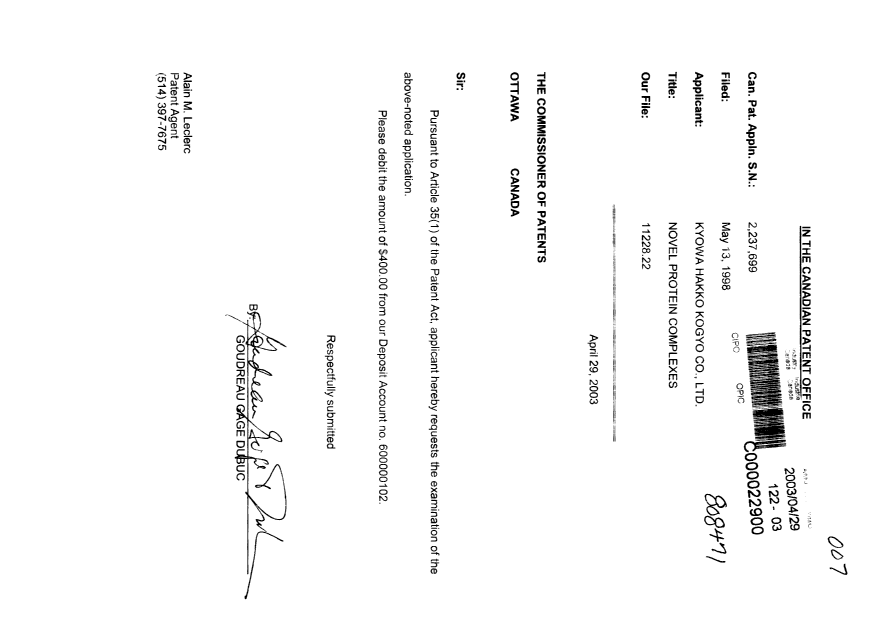 Document de brevet canadien 2237699. Poursuite-Amendment 20030429. Image 1 de 1