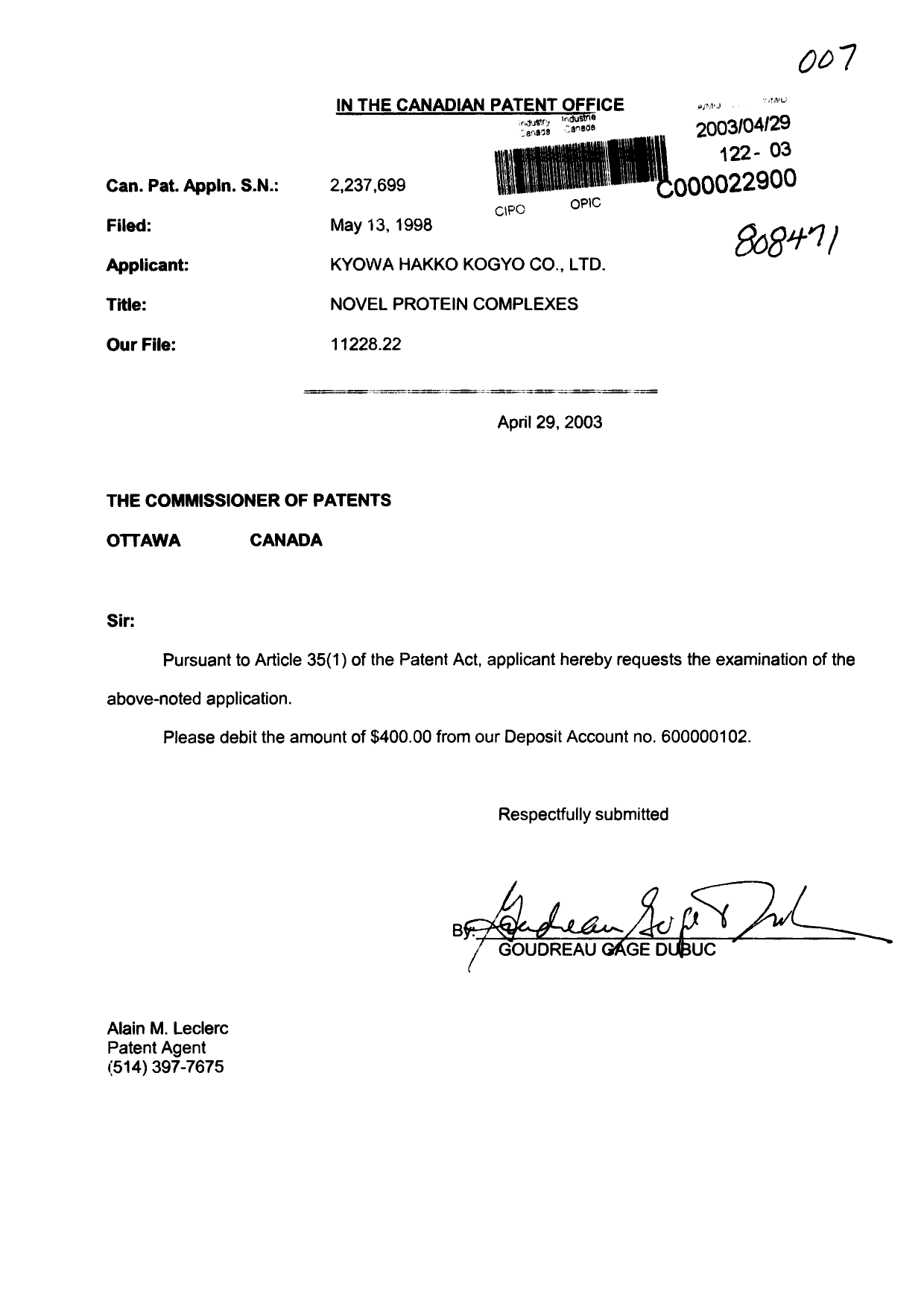 Canadian Patent Document 2237699. Prosecution-Amendment 20030429. Image 1 of 1