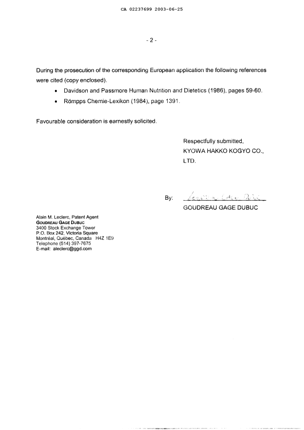 Document de brevet canadien 2237699. Poursuite-Amendment 20030625. Image 2 de 2